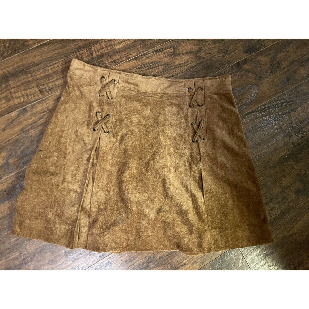She + Sky Skirt Size L Large Brown Pleated Zipper Boho Festival Costume Suede